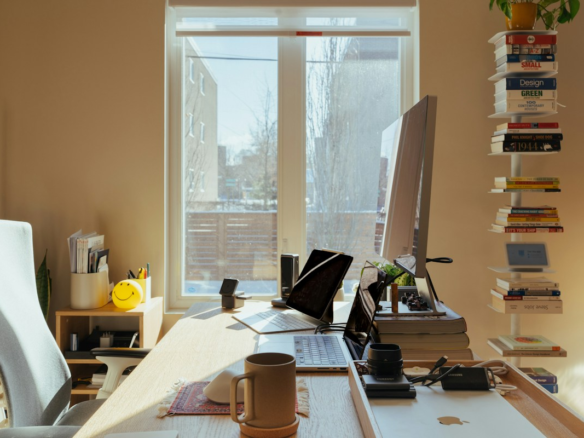 Illustrative sunlit home office; not a photograph of a Hurghada property
