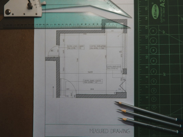 Illustrative architectural drawing and measuring tools; not a ONE7 floor plan