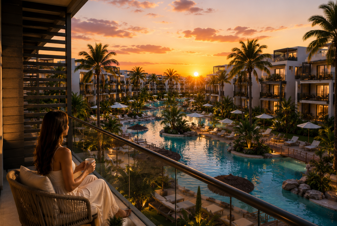 ONE7 Residence lagoon view at sunset