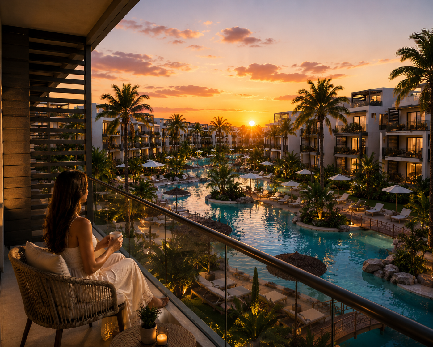 ONE7 Residence lagoon view at sunset