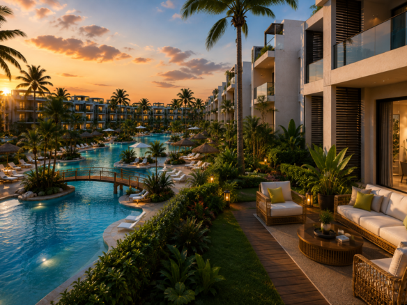 Architectural visualization of ONE7 Hurghada residences and landscaped pool areas