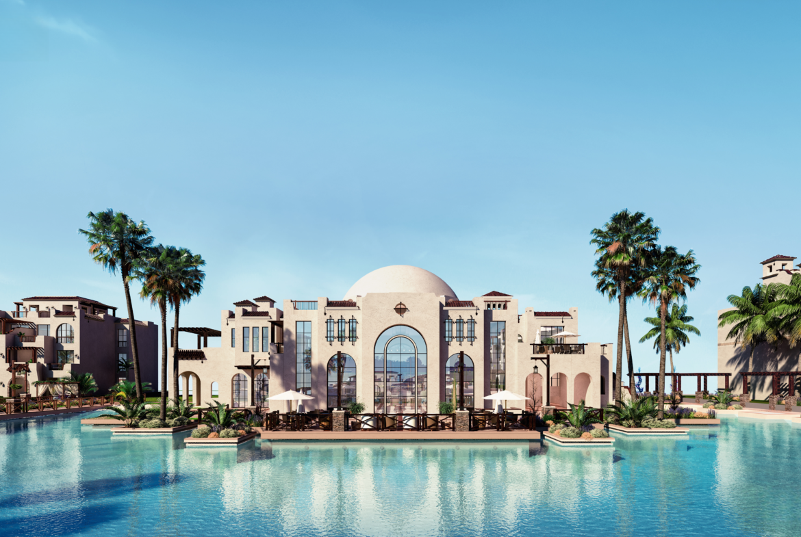 Resort clubhouse beside the lagoon and swimming pools in Sahl Hasheesh
