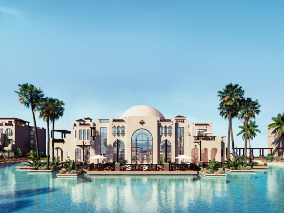 Resort clubhouse beside the lagoon and swimming pools in Sahl Hasheesh