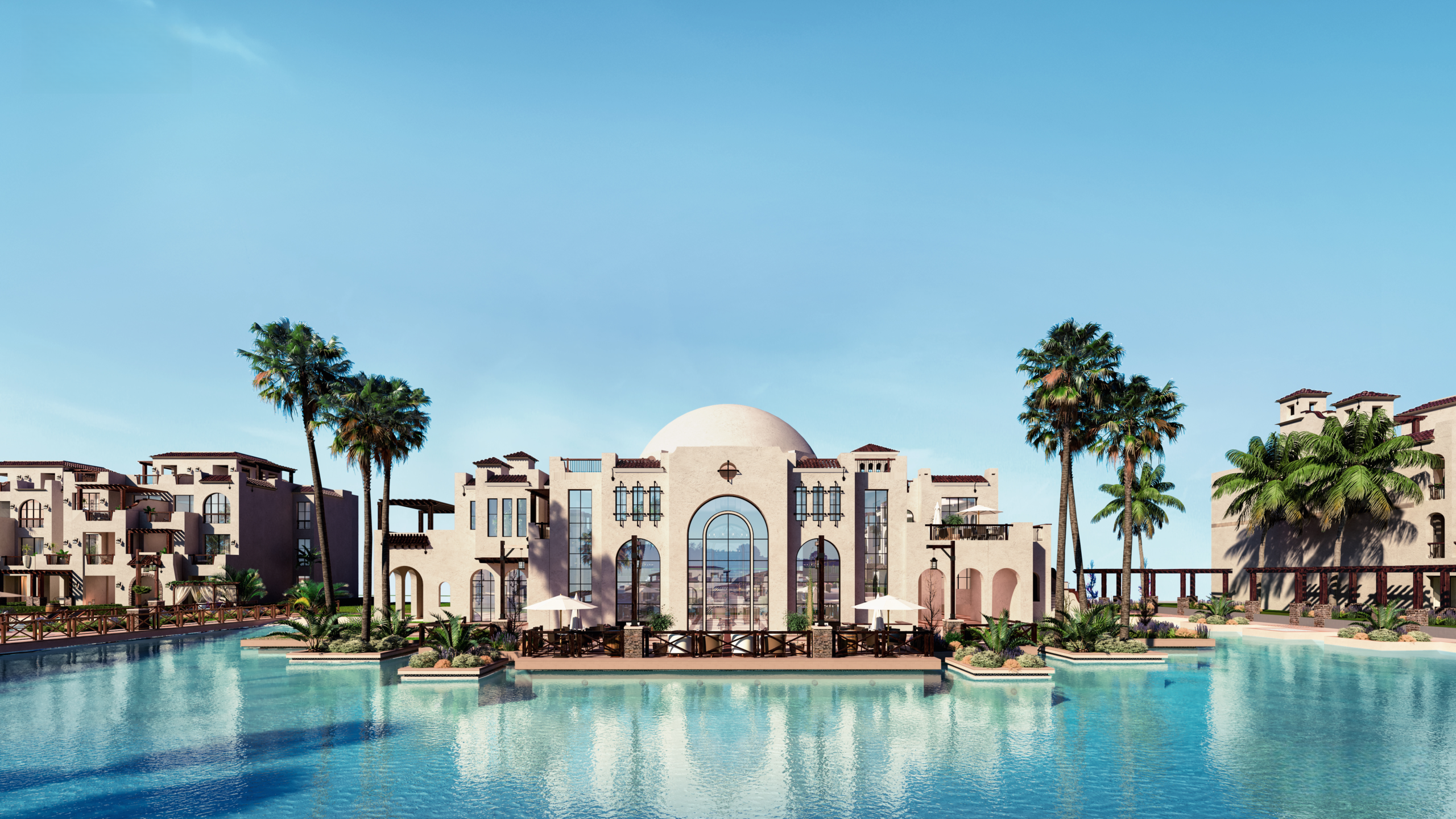 Sahl Hasheesh clubhouse and lagoon Resort clubhouse beside the lagoon and swimming pools in Sahl Hasheesh