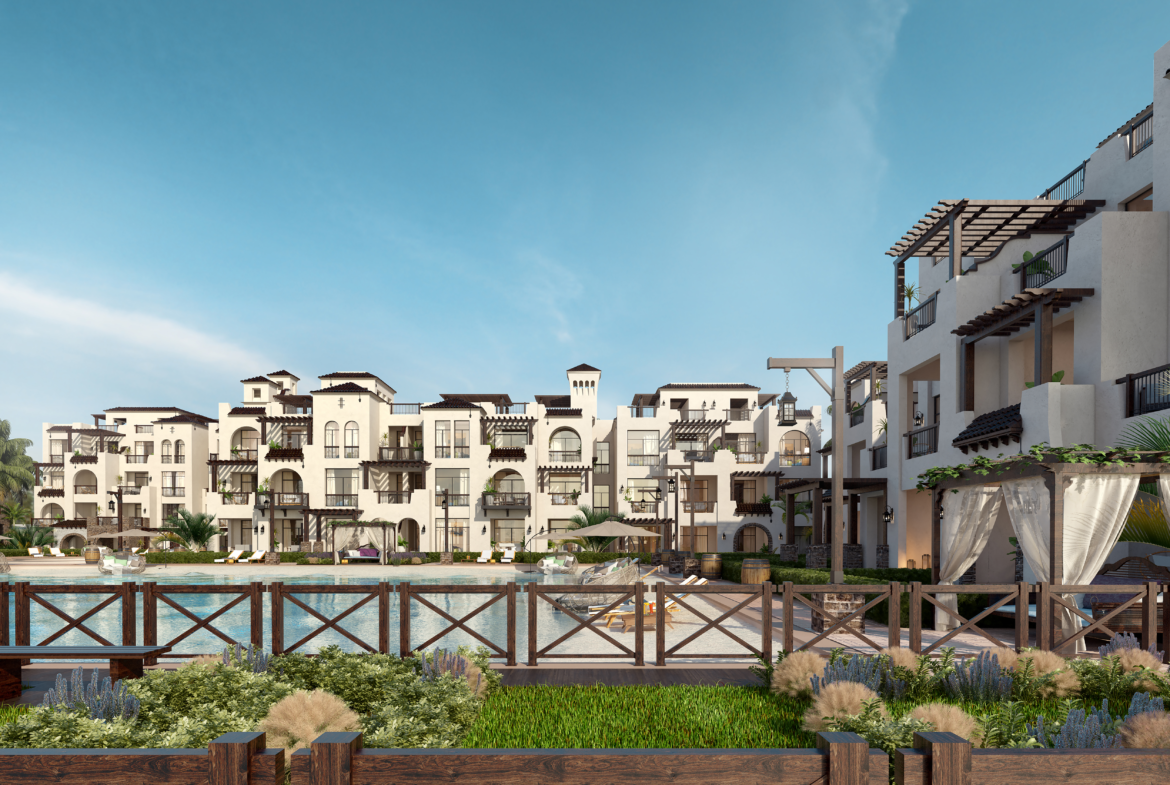 Low-rise residential resort in Sahl Hasheesh with landscaped gardens and water features