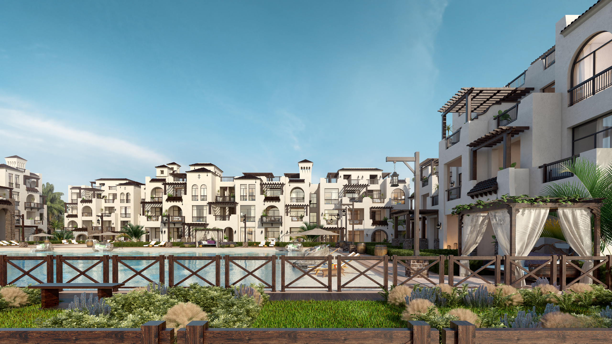Sahl Hasheesh landscaped residential resort Low-rise residential resort in Sahl Hasheesh with landscaped gardens and water features