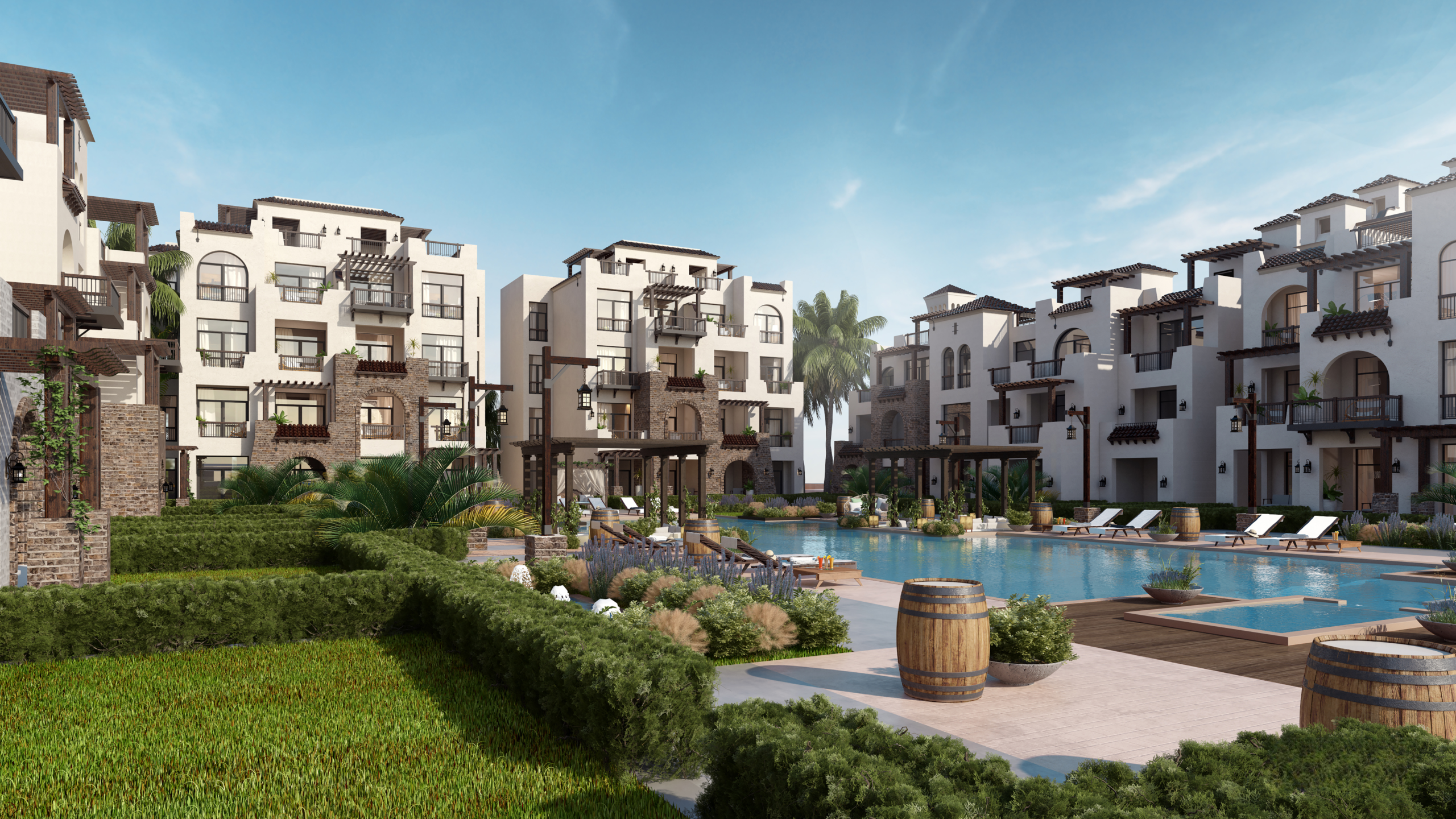 Sahl Hasheesh resort apartments lagoon view Fully finished apartments in Sahl Hasheesh overlooking landscaped resort pools and lagoon