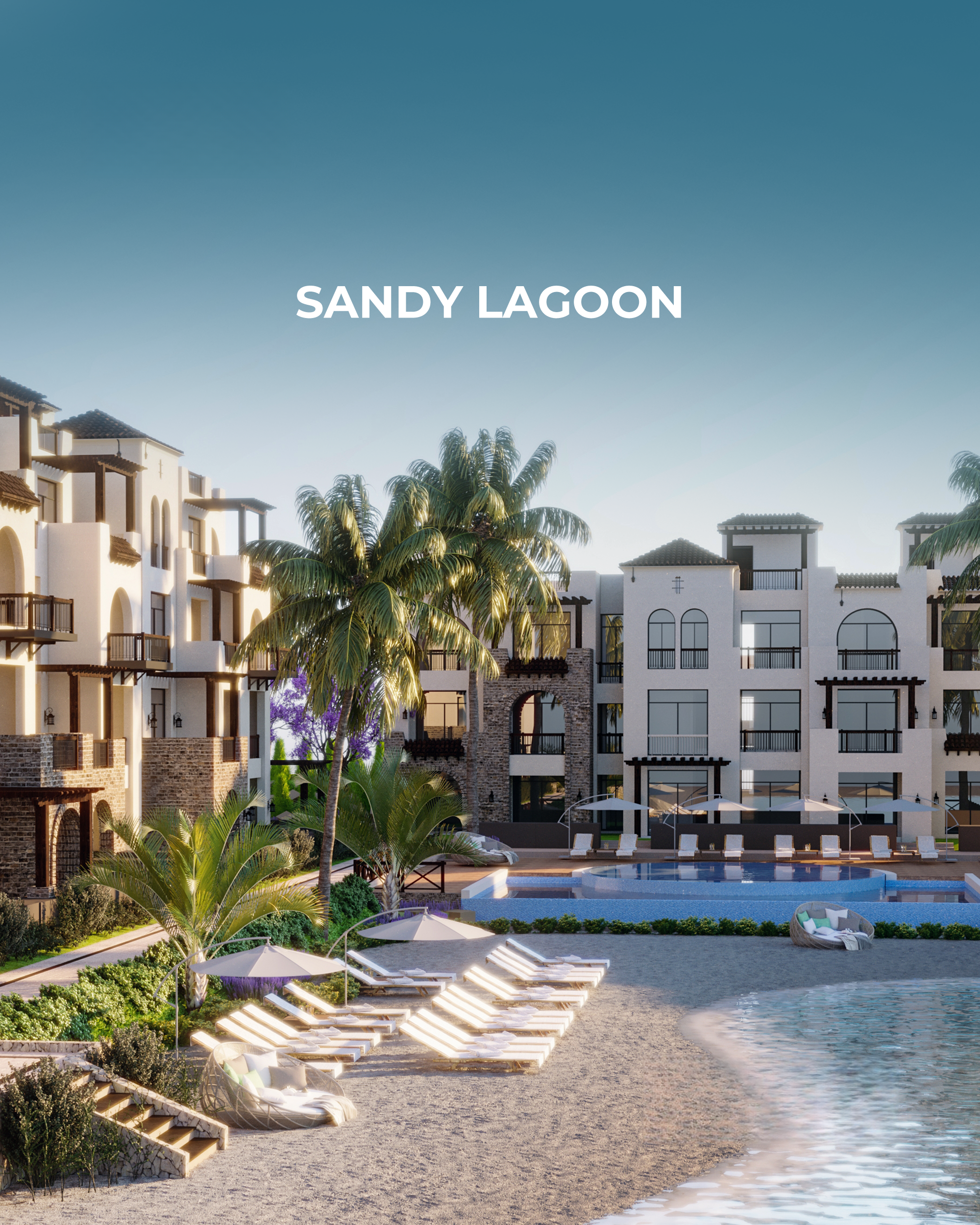 Sandy lagoon in Sahl Hasheesh resort Sandy lagoon surrounded by low-rise residences in Sahl Hasheesh