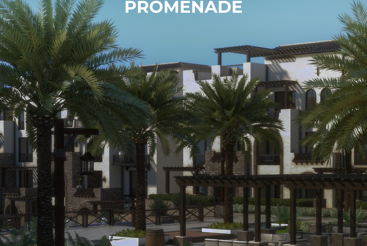 Pedestrian promenade with palm trees and resort residences in Sahl Hasheesh
