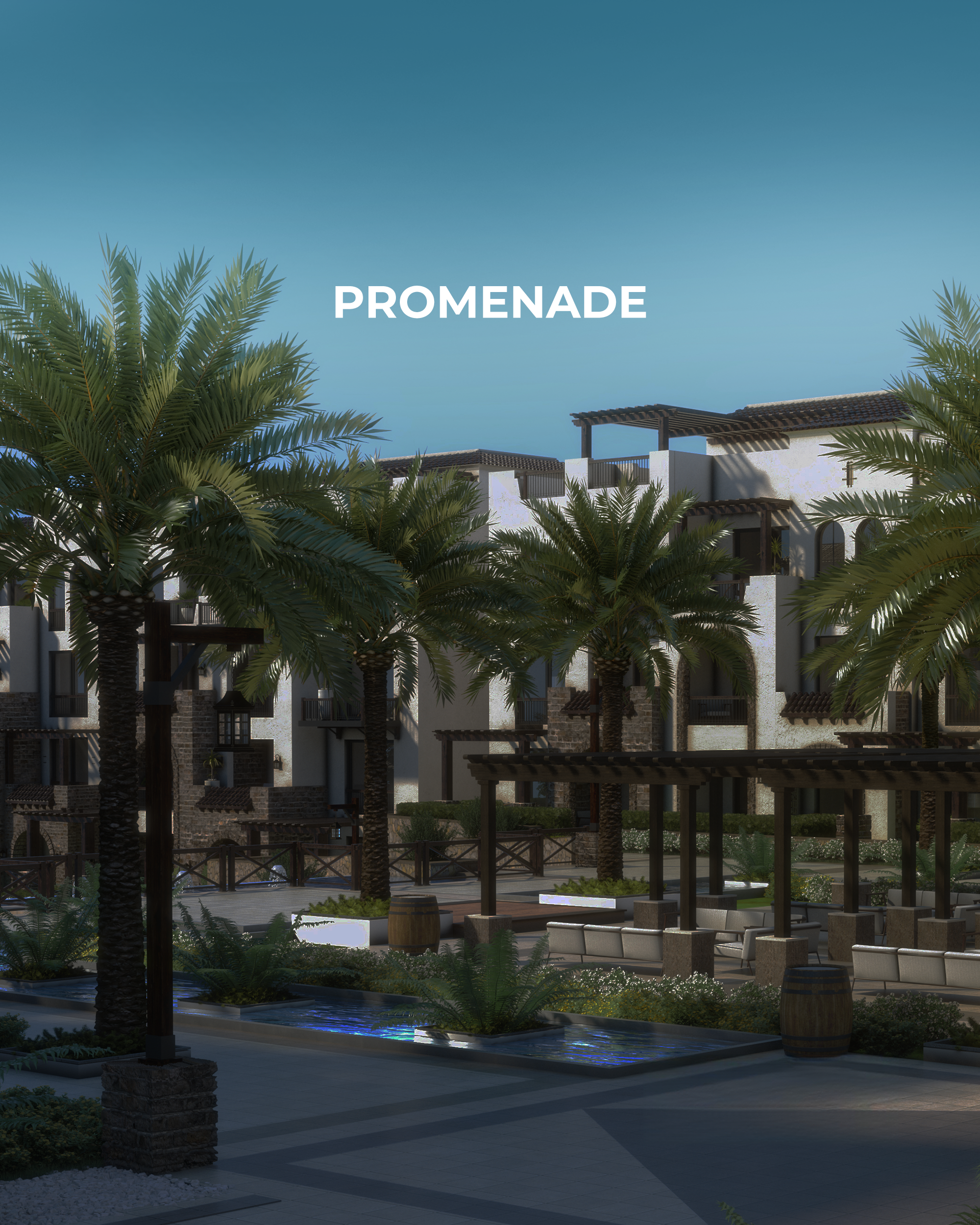 Tourist promenade in Sahl Hasheesh Pedestrian promenade with palm trees and resort residences in Sahl Hasheesh
