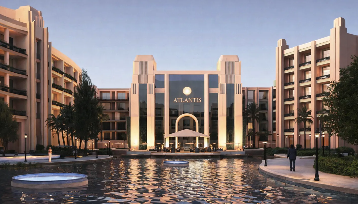 atlantis developer visualisation 10 atlantis — developer visualisation — View of Atlantis resort entrance with illuminated beige buildings, palm trees, and a reflecting pool in the foreground at dusk.