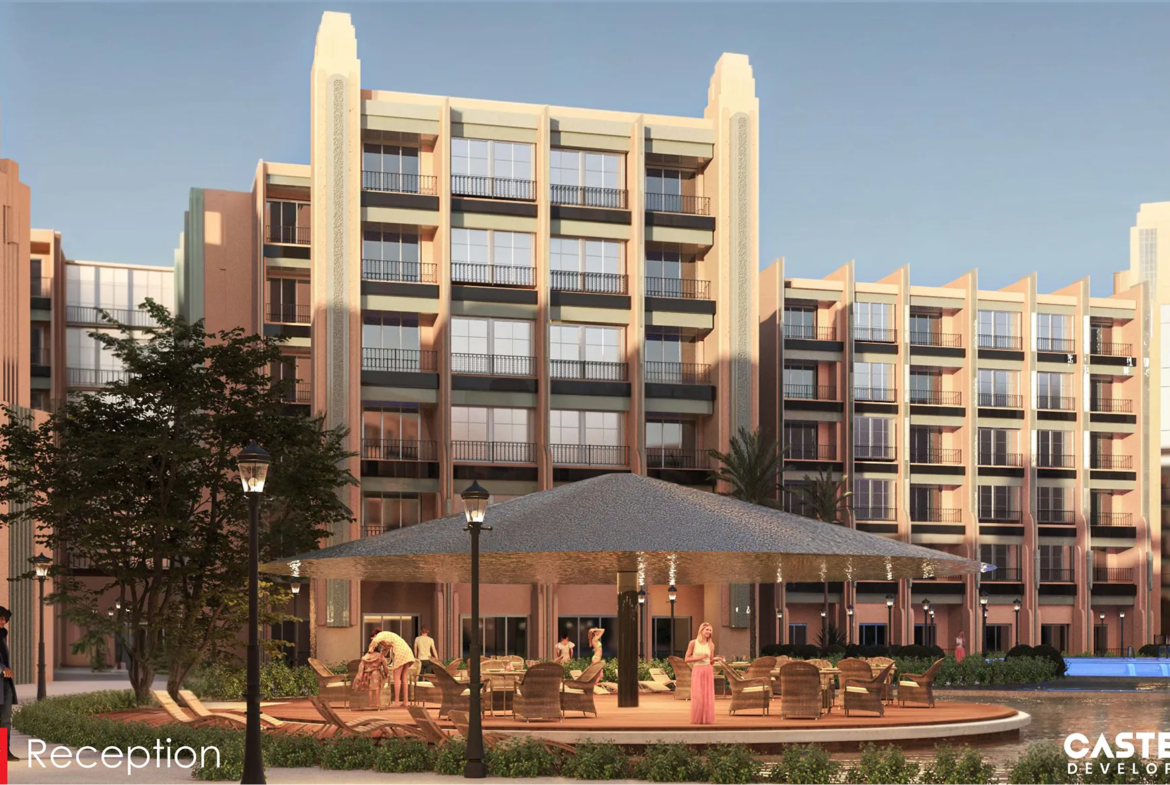 atlantis — developer visualisation — Outdoor seating area with a large sunshade structure surrounded by a pond and multi-story apartment buildings during sunset.