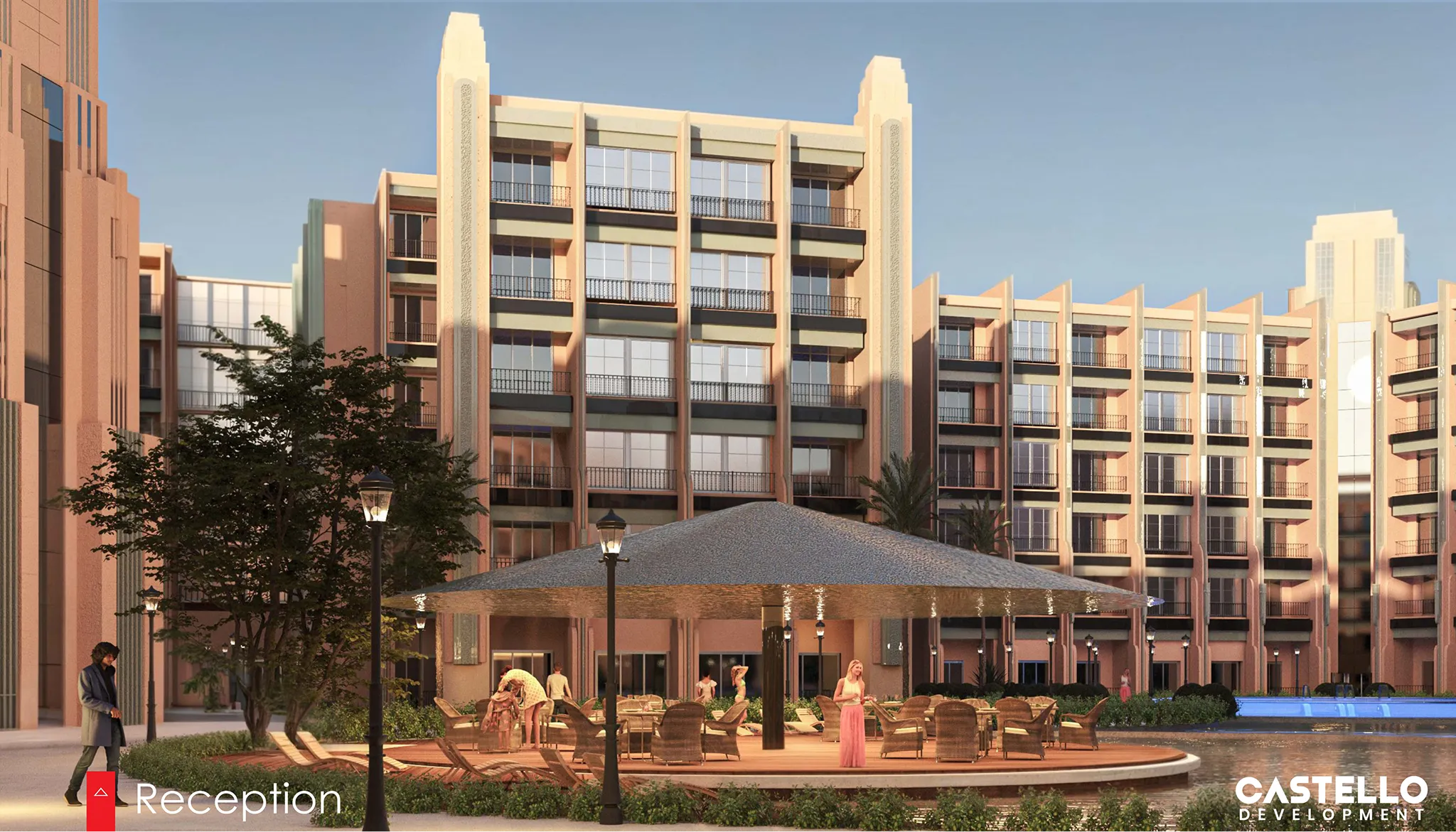 atlantis developer visualisation 2 atlantis — developer visualisation — Outdoor seating area with a large sunshade structure surrounded by a pond and multi-story apartment buildings during sunset.
