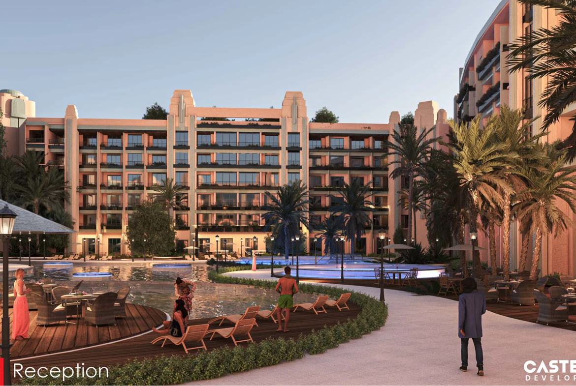 atlantis — developer visualisation — Evening view of a resort-style outdoor pool area with lounge chairs, palm trees, and people relaxing, set against a large multi-story building.