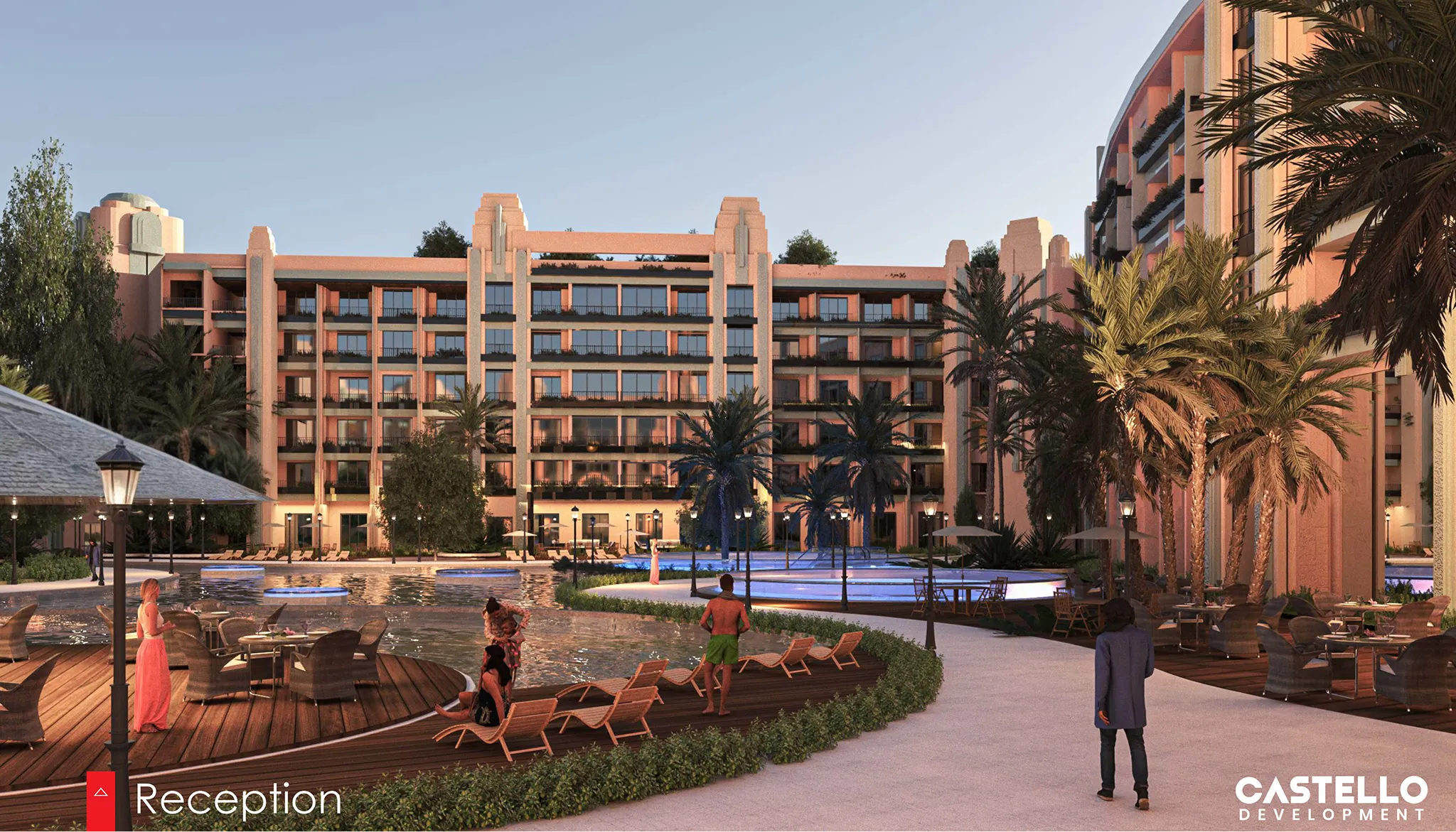 atlantis developer visualisation 3 atlantis — developer visualisation — Evening view of a resort-style outdoor pool area with lounge chairs, palm trees, and people relaxing, set against a large multi-story building.