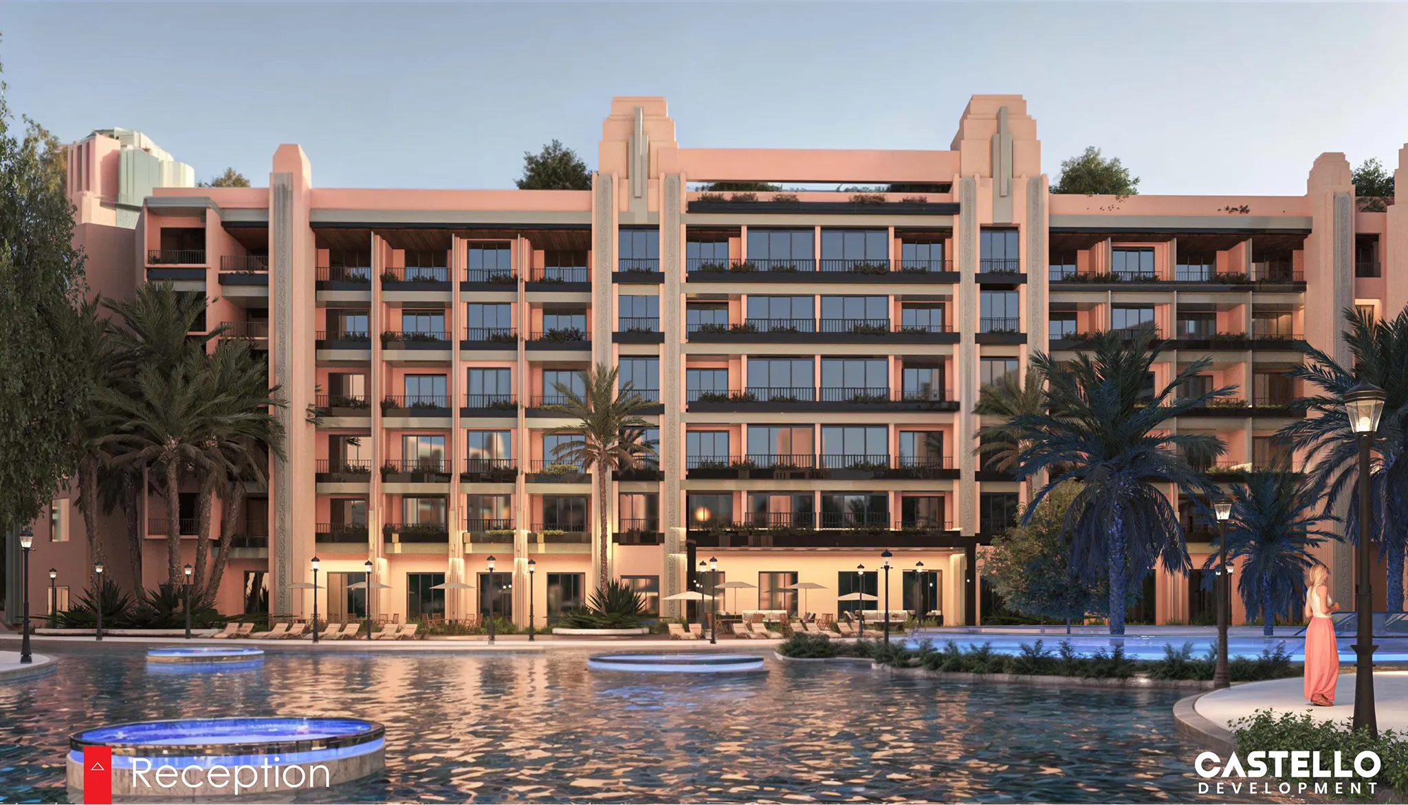 atlantis developer visualisation 4 atlantis — developer visualisation — A multi-story modern building with balconies overlooking a pool surrounded by palm trees and illuminated lamps during dusk.