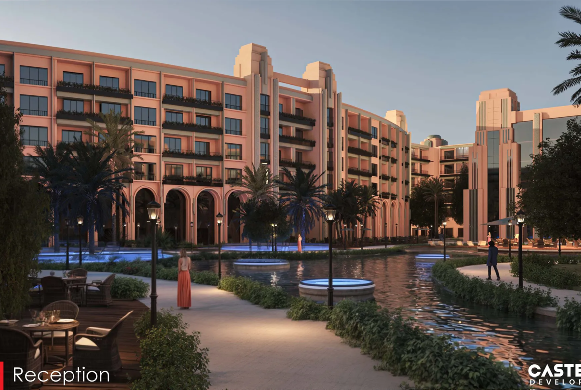 atlantis — developer visualisation — Elegant hotel reception area with a large building, illuminated pathways, water features, palm trees, and outdoor seating at dusk.