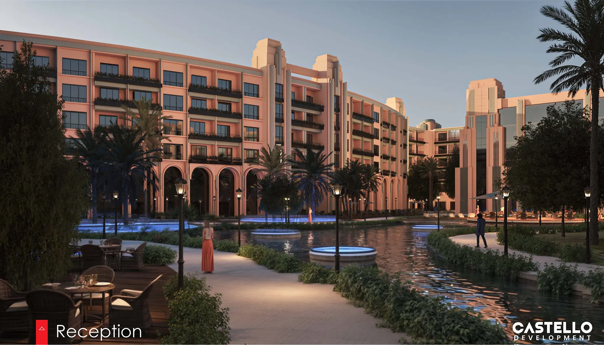 atlantis developer visualisation 5 atlantis — developer visualisation — Elegant hotel reception area with a large building, illuminated pathways, water features, palm trees, and outdoor seating at dusk.