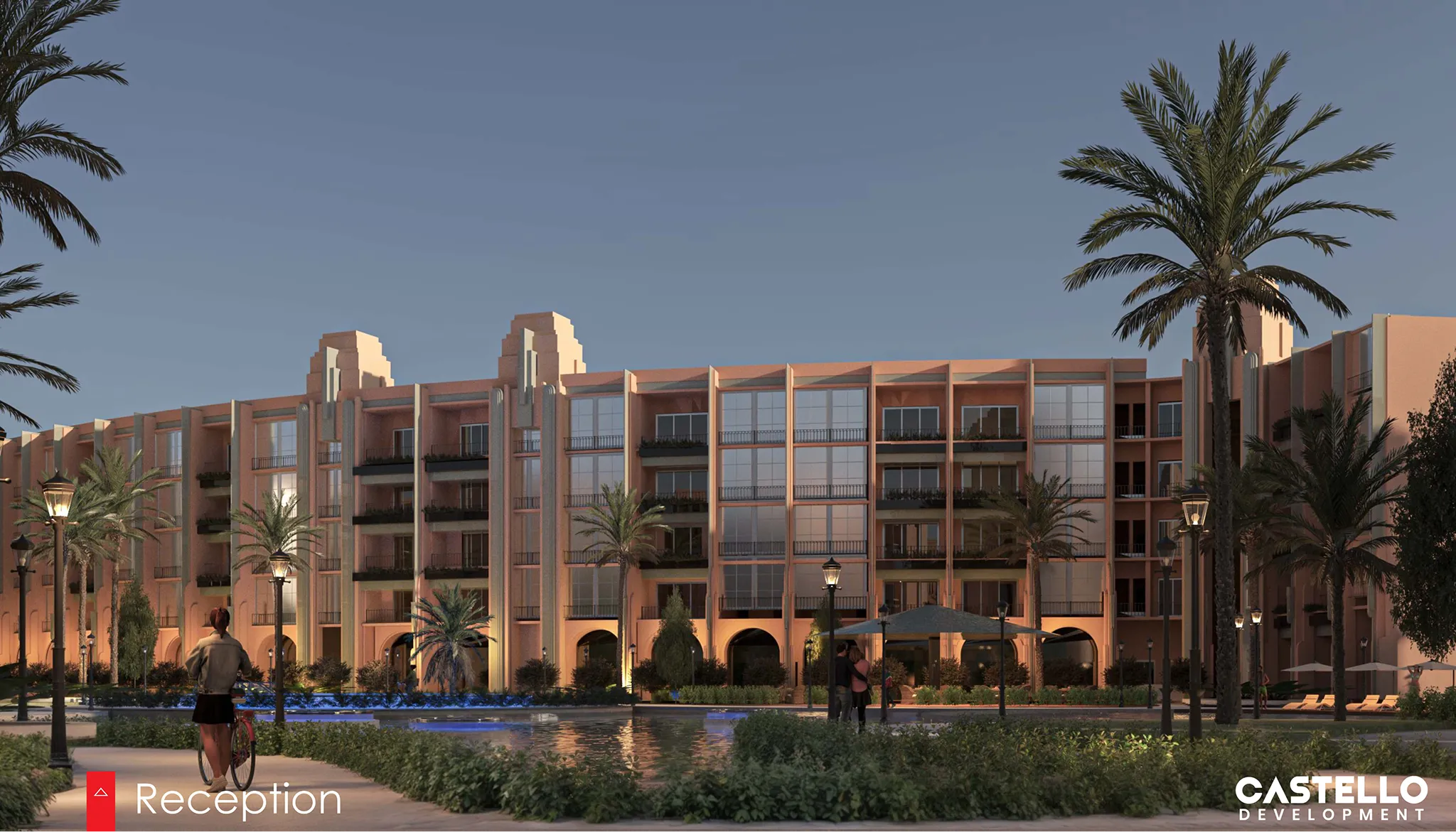 atlantis developer visualisation 6 atlantis — developer visualisation — Evening view of a modern multi-story building with balconies, surrounded by palm trees and a reflecting pool, with people walking and a person with a bicycle nearby.