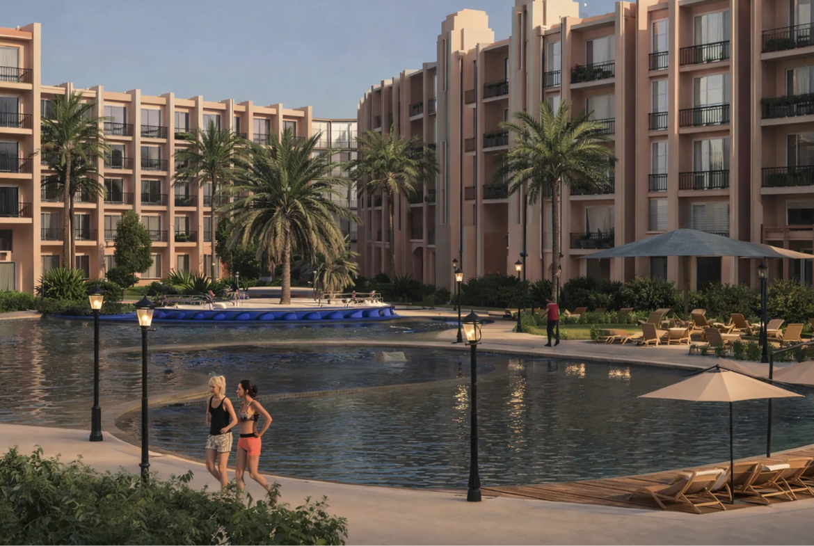atlantis — developer visualisation — Outdoor swimming pool surrounded by palm trees, lounge chairs with umbrellas, and multi-story beige apartment buildings.