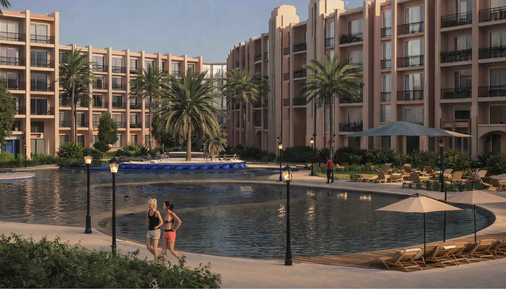 atlantis developer visualisation 7 atlantis — developer visualisation — Outdoor swimming pool surrounded by palm trees, lounge chairs with umbrellas, and multi-story beige apartment buildings.