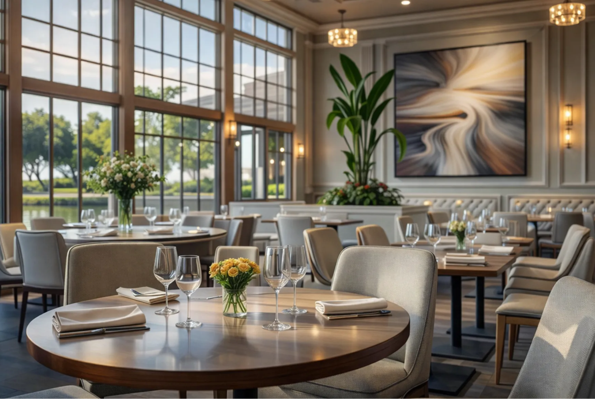 atlantis — developer visualisation — Elegant restaurant interior with round wooden tables, beige upholstered chairs, floral centerpieces, large windows, and abstract wall art.