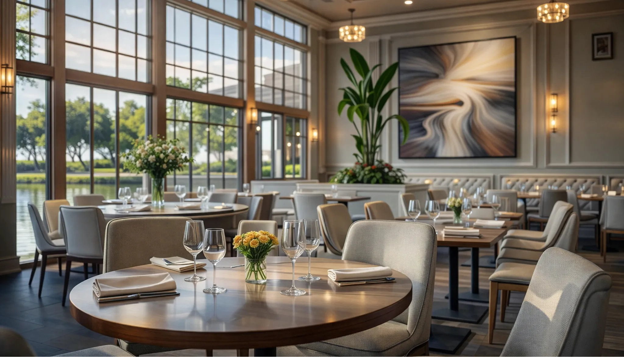 atlantis developer visualisation 8 atlantis — developer visualisation — Elegant restaurant interior with round wooden tables, beige upholstered chairs, floral centerpieces, large windows, and abstract wall art.