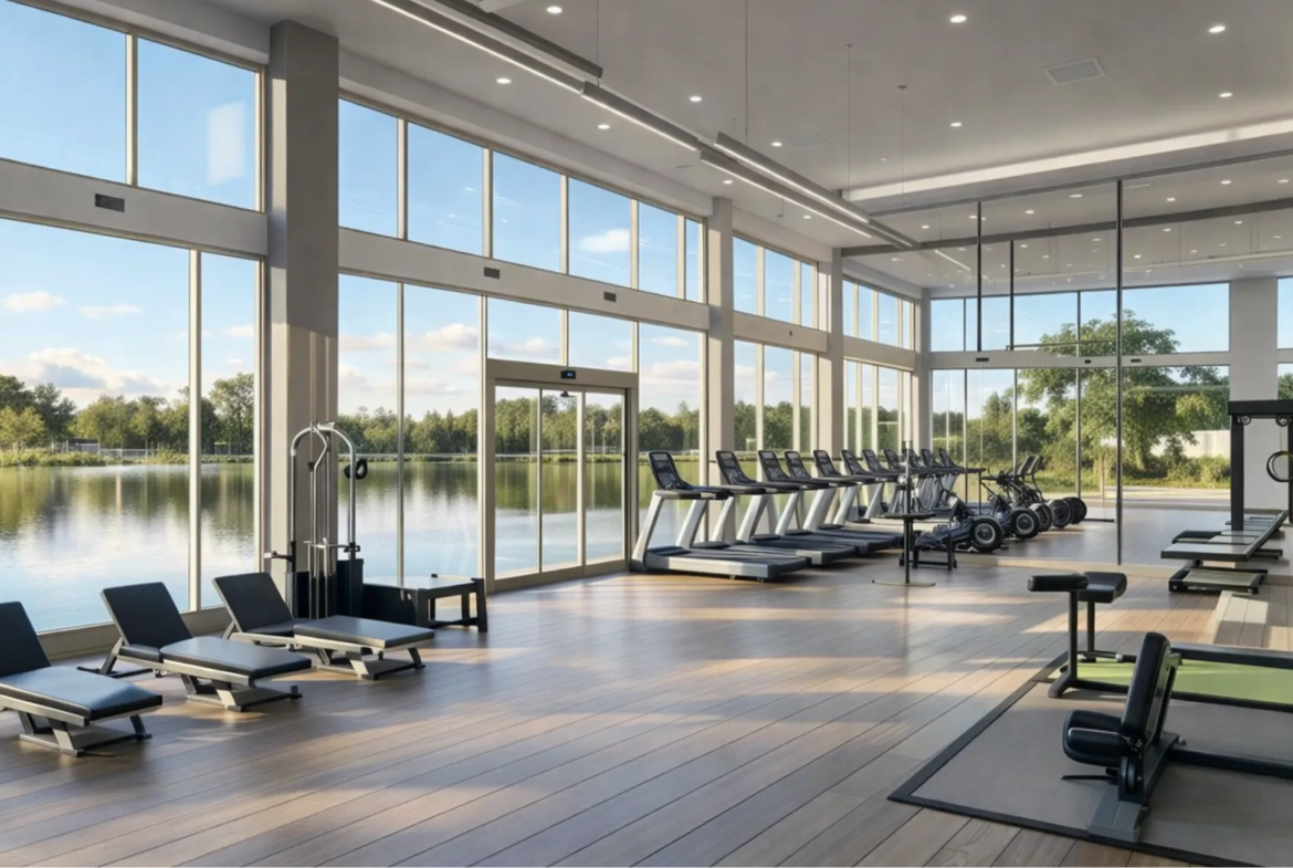 atlantis — developer visualisation — Modern gym with large floor-to-ceiling windows facing a lake, featuring treadmills, stationary bikes, weight benches, and exercise machines.