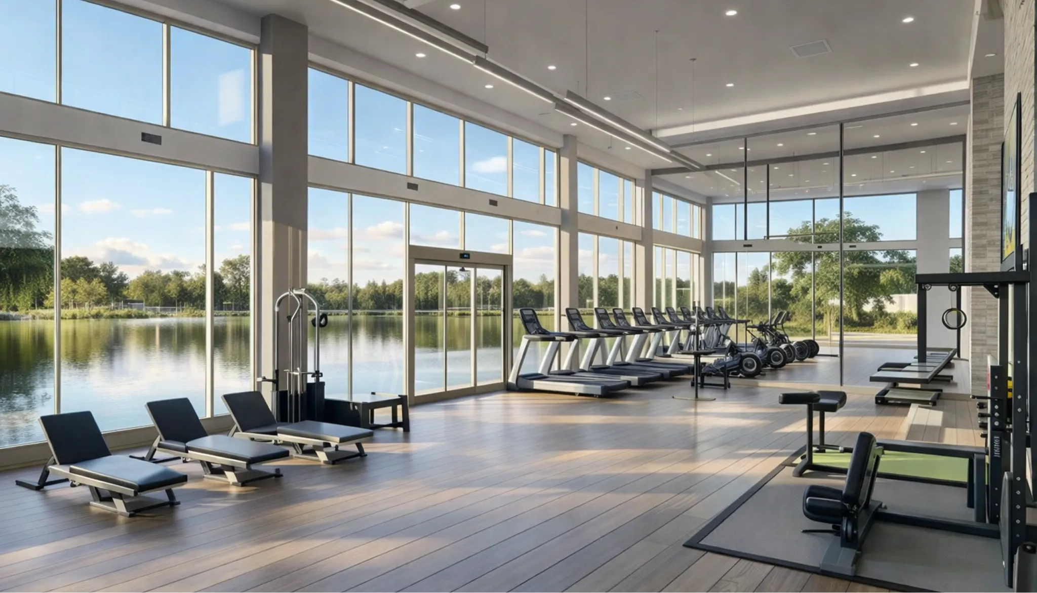 atlantis developer visualisation 9 atlantis — developer visualisation — Modern gym with large floor-to-ceiling windows facing a lake, featuring treadmills, stationary bikes, weight benches, and exercise machines.