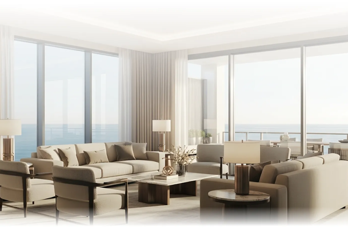 oro — developer visualisation — Modern living room with beige sofas, armchairs, marble coffee table, floor lamps, and large windows overlooking an ocean view.