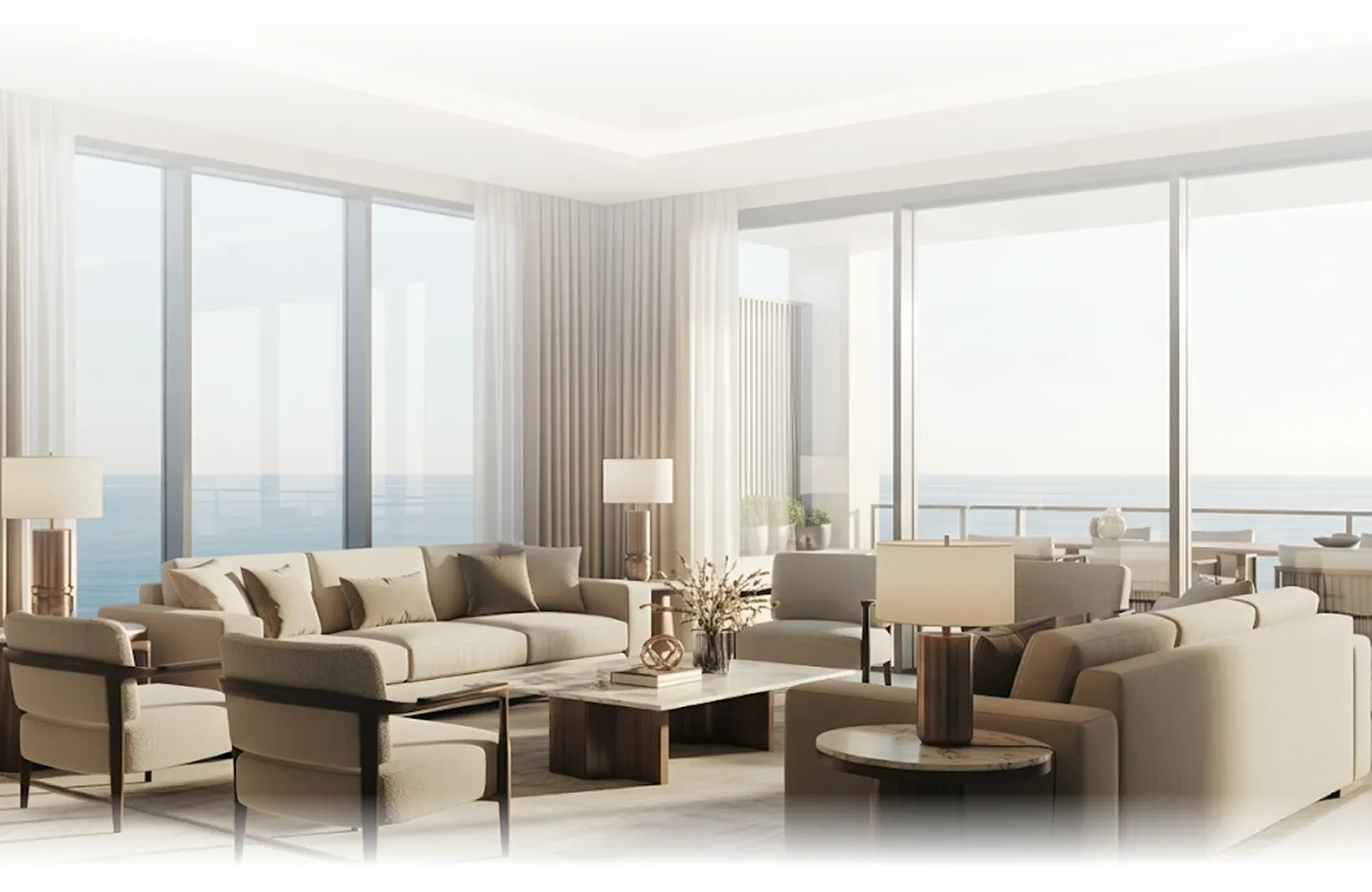 oro — developer visualisation — Modern living room with beige sofas, armchairs, marble coffee table, floor lamps, and large windows overlooking an ocean view.