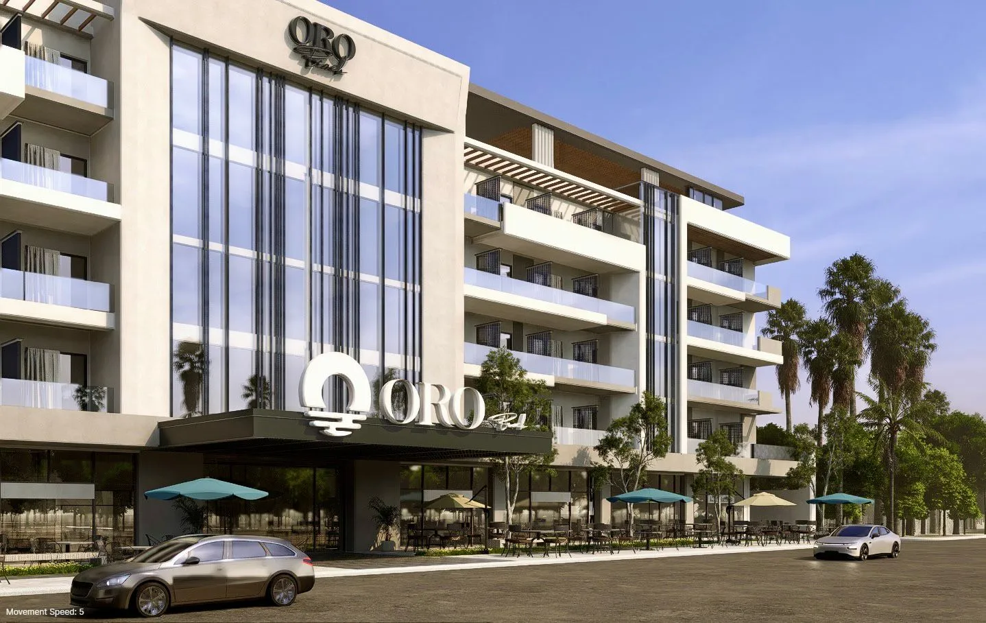 oro — developer visualisation — Modern multi-story building with balconies, outdoor seating areas with umbrellas, and two cars parked in front.