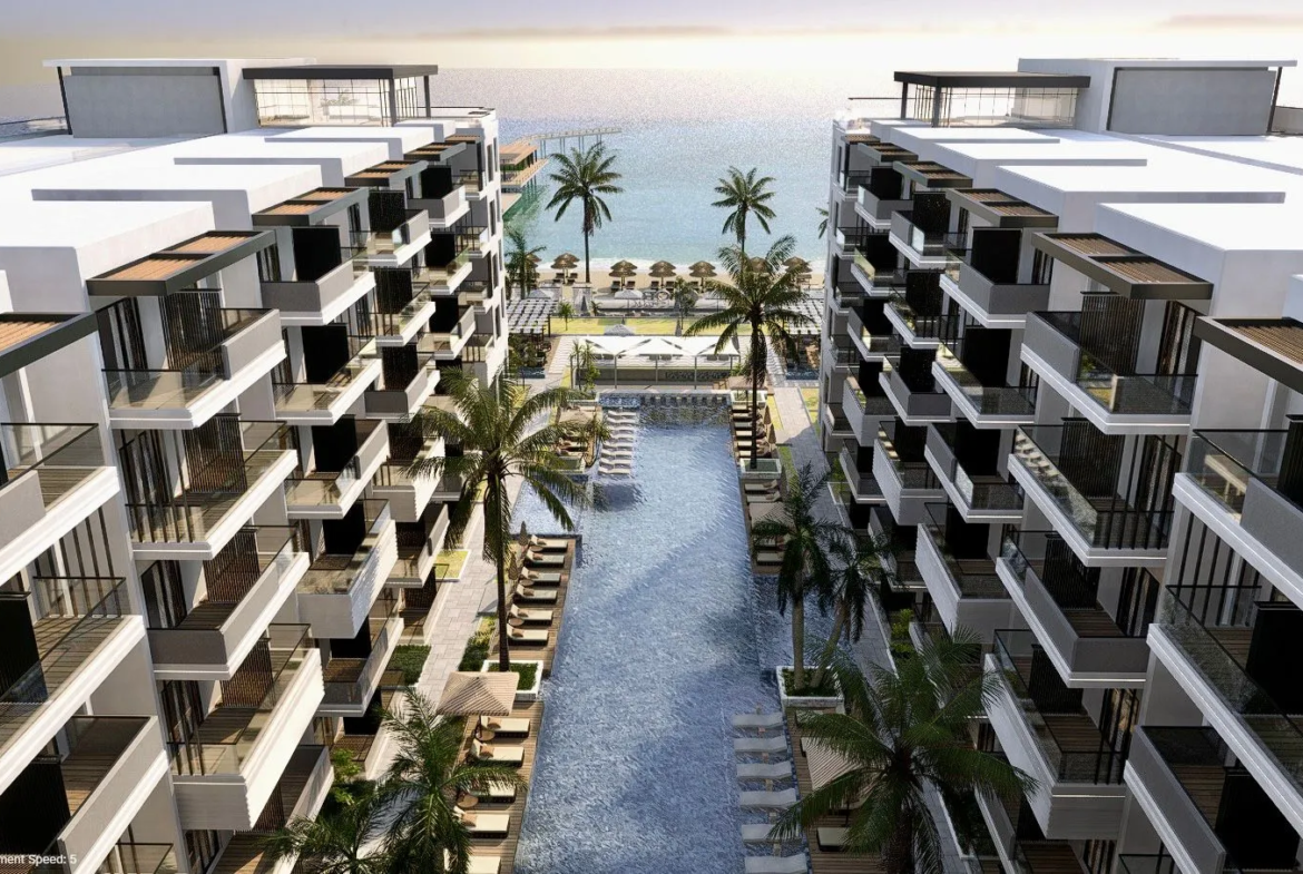 oro — developer visualisation — Modern beachfront apartment complex with a large central swimming pool, palm trees, sun loungers, and ocean view.