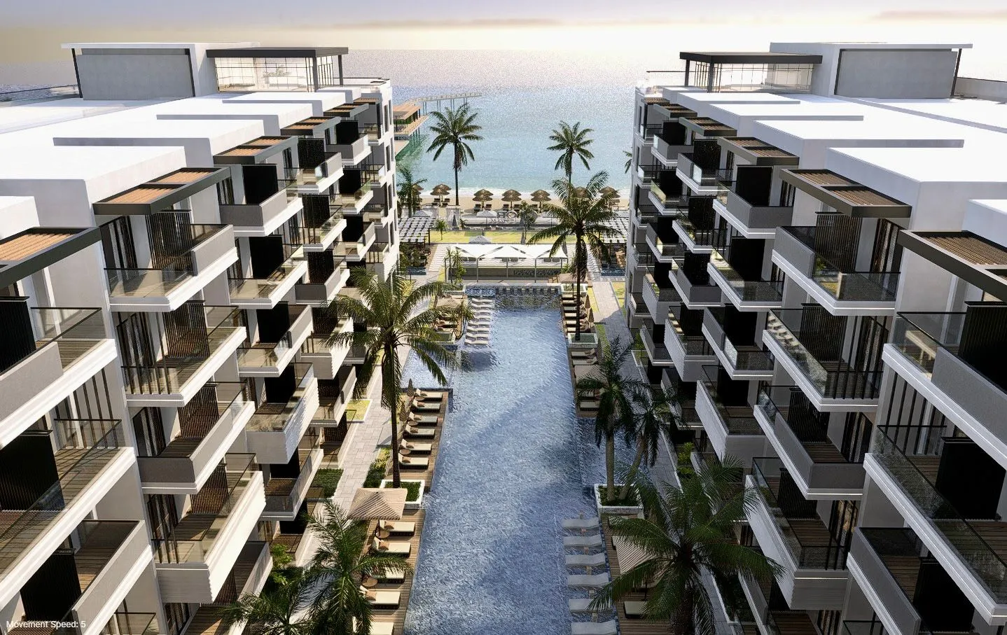 oro — developer visualisation — Modern beachfront apartment complex with a large central swimming pool, palm trees, sun loungers, and ocean view.