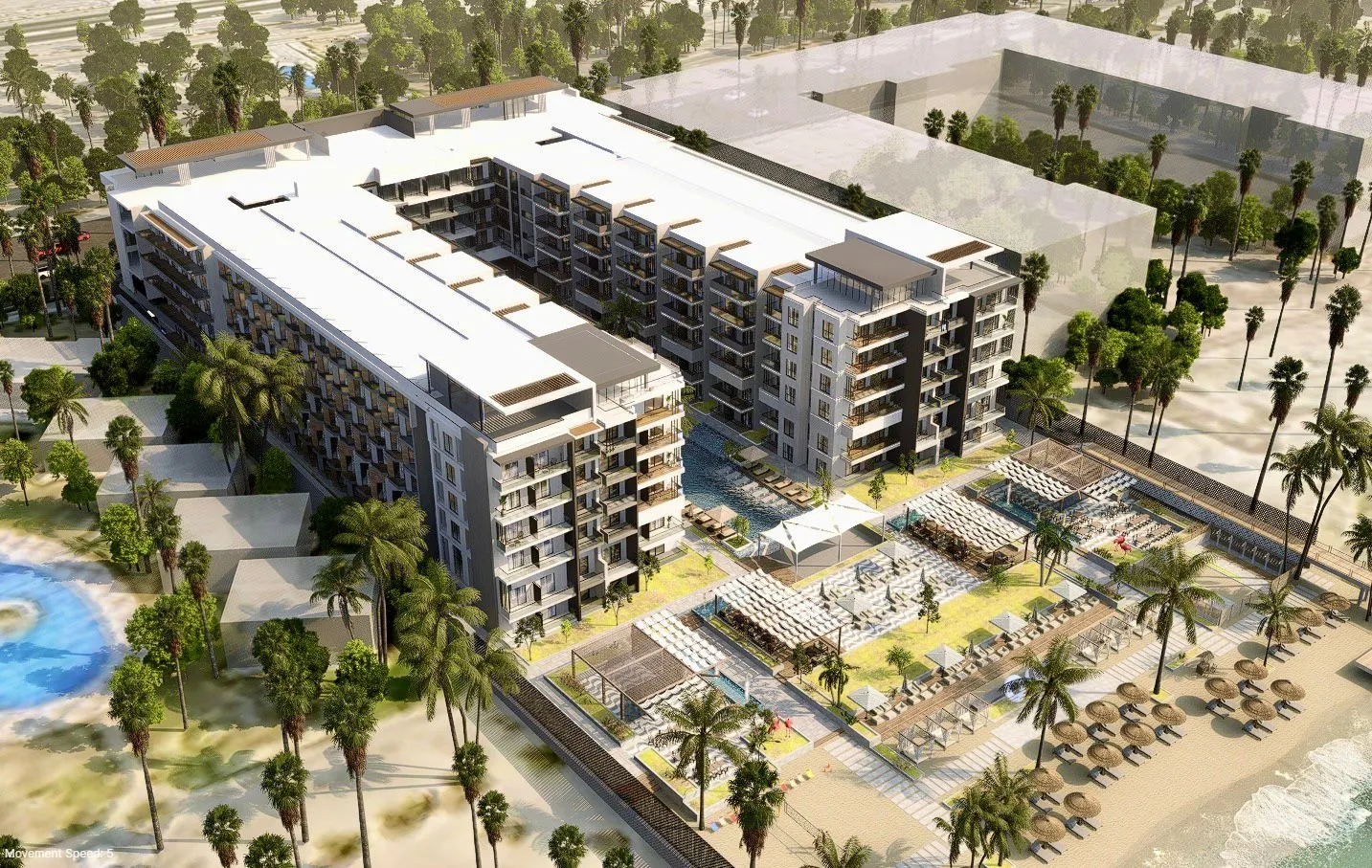 oro — developer visualisation — Aerial view of a modern beachfront resort with apartment buildings, a swimming pool, palm trees, shaded lounge areas, and beach umbrellas along the shoreline.