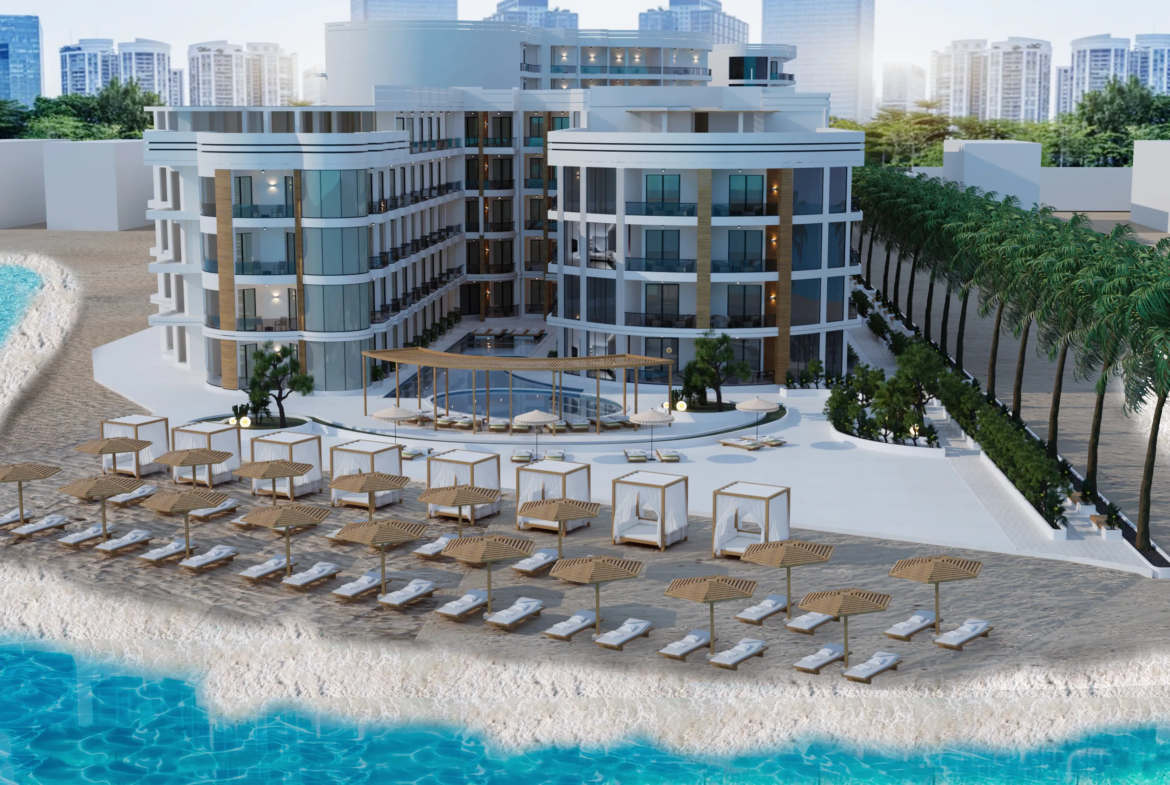 storia-del-mare — developer visualisation — Modern beachfront resort with multiple floors, pool area, sun loungers, umbrellas, and palm trees, overlooking clear blue water.