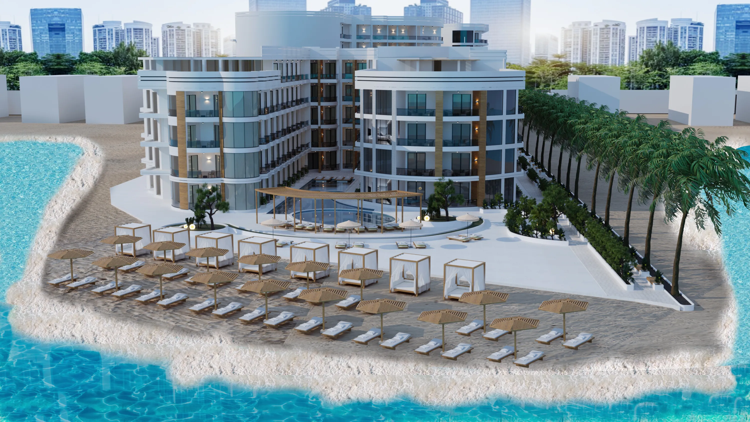 storia-del-mare — developer visualisation — Modern beachfront resort with multiple floors, pool area, sun loungers, umbrellas, and palm trees, overlooking clear blue water.