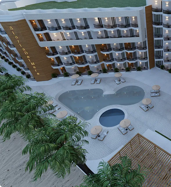 storia-del-mare — developer visualisation — Aerial view of a modern hotel courtyard with a uniquely shaped pool, surrounding lounge chairs, umbrellas, palm trees, and balconies on the building labeled 'Solaridema'.