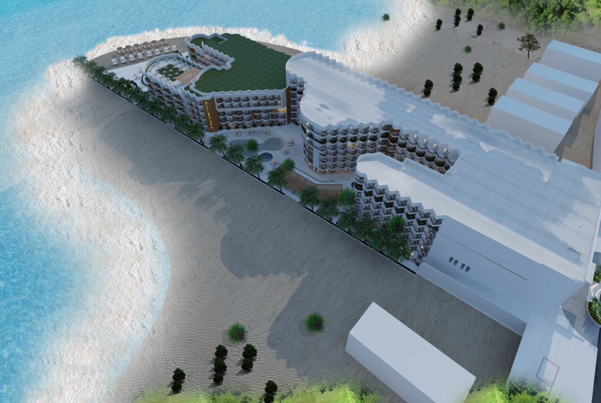 storia-del-mare — developer visualisation — Aerial view of a beachfront hotel complex with balconies, pools, palm trees, and a yacht nearby in the ocean.