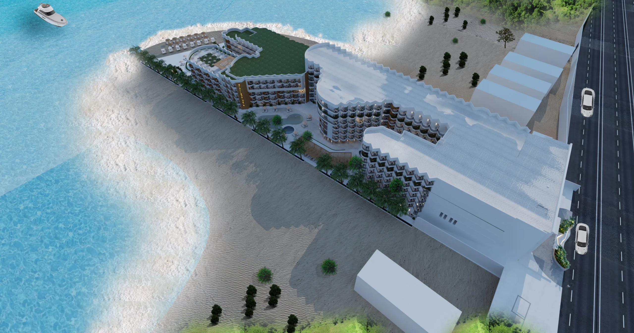 storia-del-mare developer visualisation 2 storia-del-mare — developer visualisation — Aerial view of a beachfront hotel complex with balconies, pools, palm trees, and a yacht nearby in the ocean.