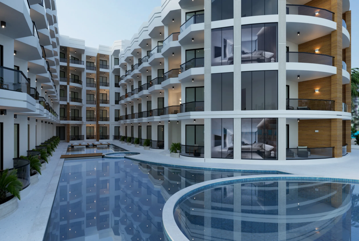 storia-del-mare — developer visualisation — Modern multi-story residential building with balconies surrounding an outdoor swimming pool and a circular hot tub.