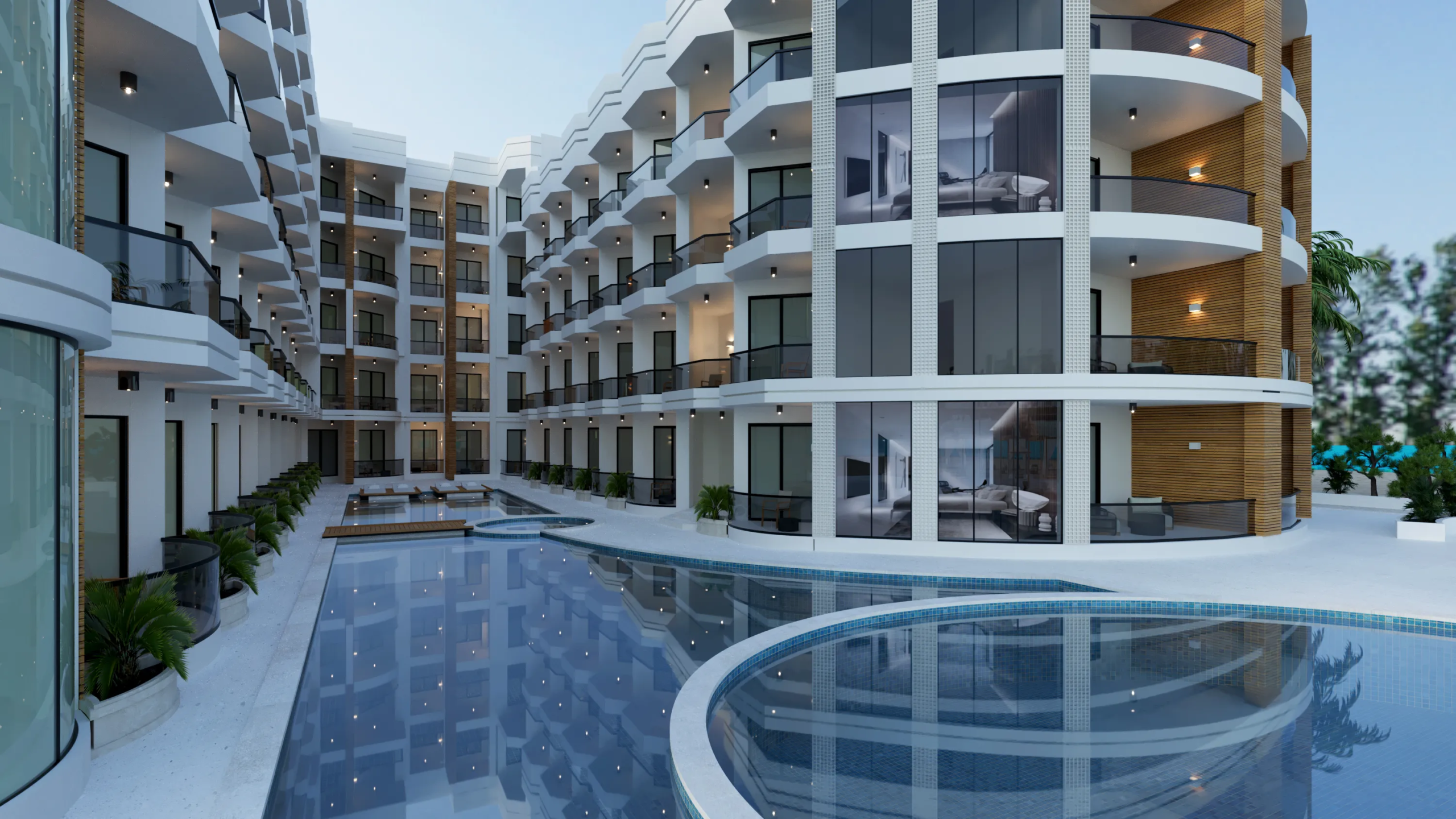 storia-del-mare developer visualisation 3 storia-del-mare — developer visualisation — Modern multi-story residential building with balconies surrounding an outdoor swimming pool and a circular hot tub.