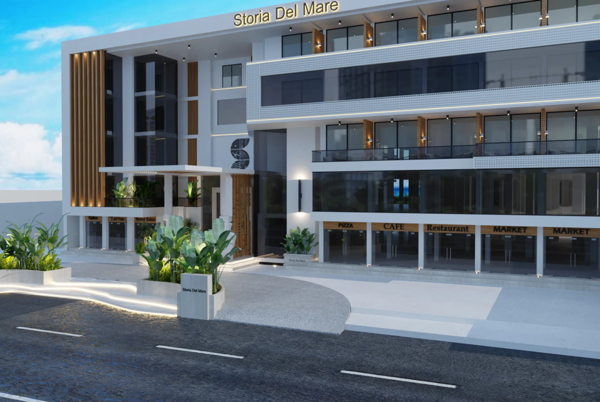 storia-del-mare — developer visualisation — Modern multi-story building named Storia Del Mare with retail spaces including pizza, cafe, restaurant, and market, featuring glass balconies and landscaped entrance.