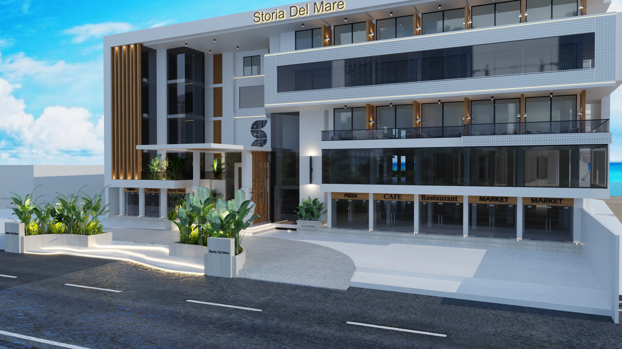 storia-del-mare developer visualisation 4 storia-del-mare — developer visualisation — Modern multi-story building named Storia Del Mare with retail spaces including pizza, cafe, restaurant, and market, featuring glass balconies and landscaped entrance.