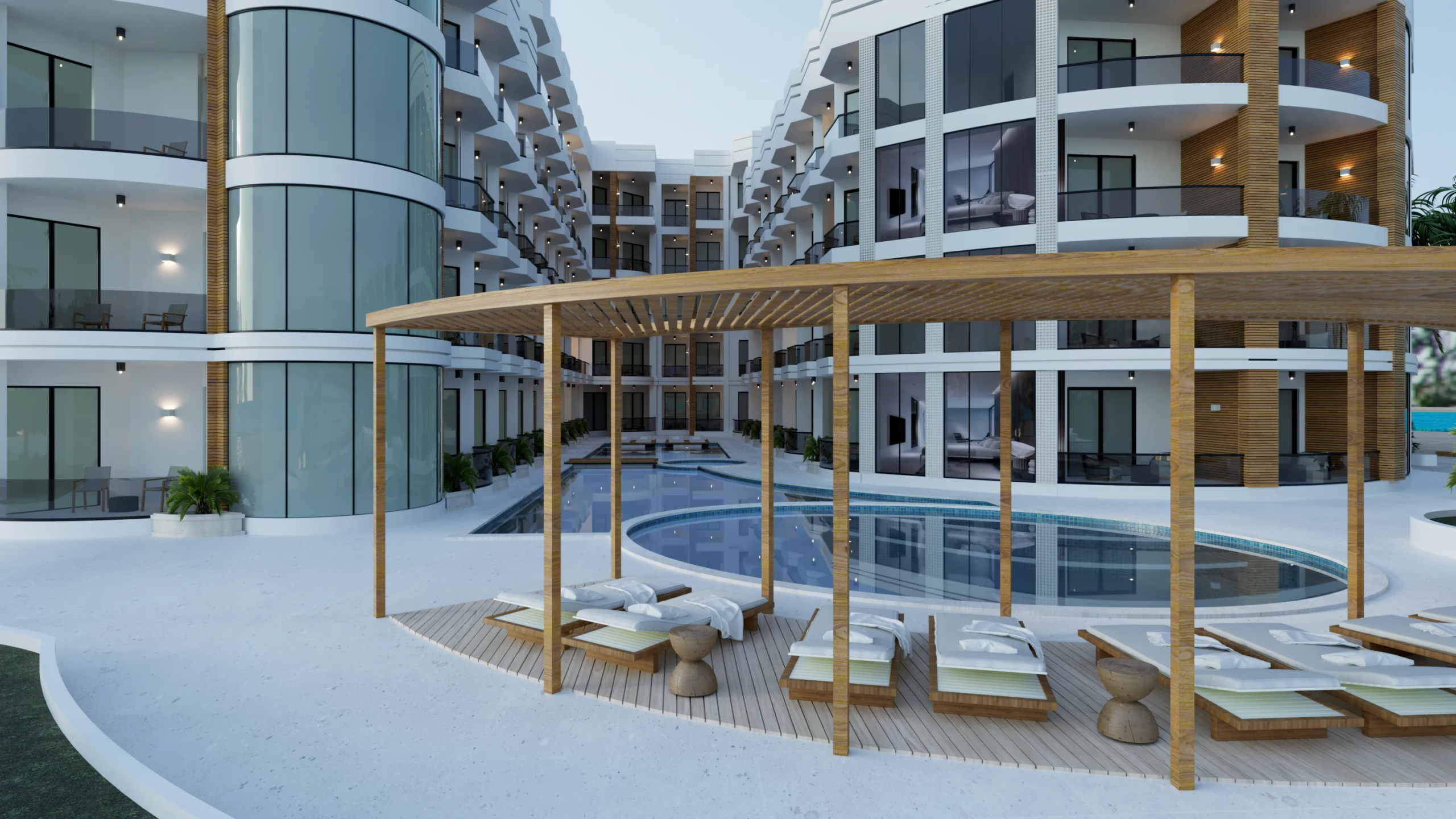 storia-del-mare developer visualisation 5 storia-del-mare — developer visualisation — Modern hotel courtyard with a kidney-shaped pool, wooden pergola, and cushioned lounge chairs surrounded by multi-story buildings with balconies.