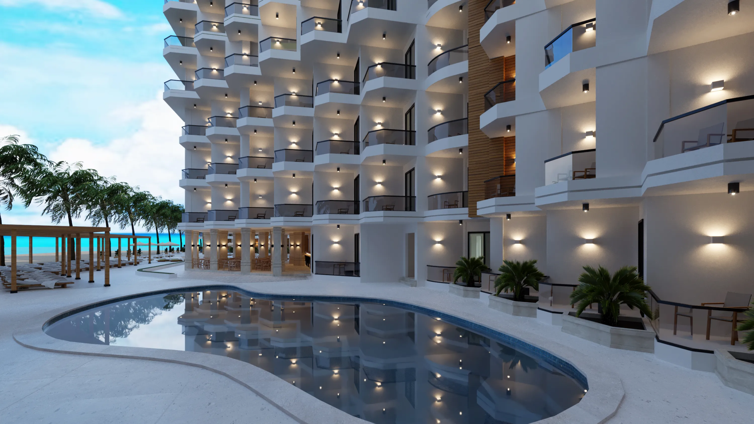 storia-del-mare developer visualisation 6 storia-del-mare — developer visualisation — Modern resort building with balconies and outdoor lights reflecting in a large pool beside a beachfront with palm trees and lounge chairs.