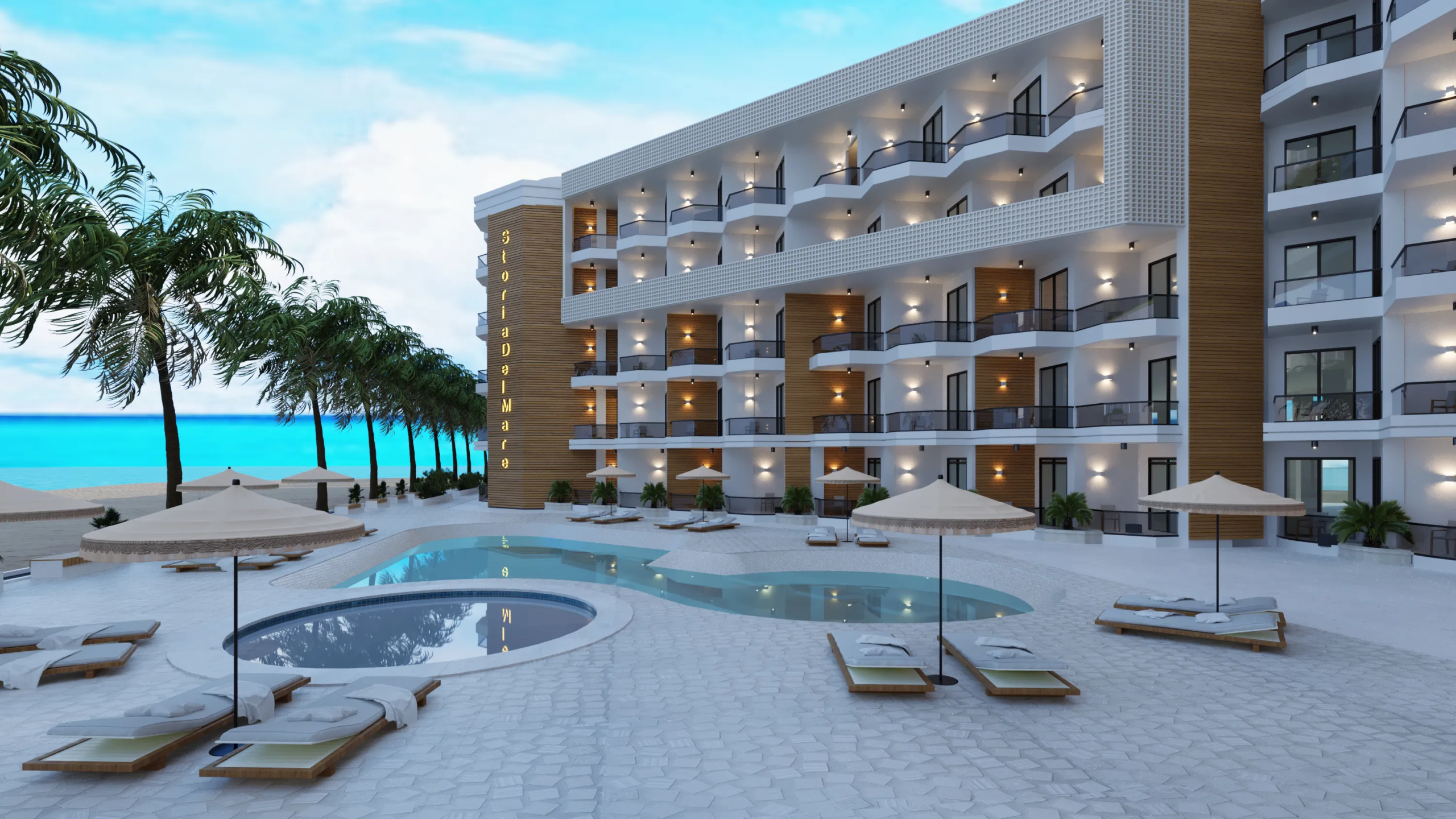 storia-del-mare developer visualisation 7 storia-del-mare — developer visualisation — Modern beachfront hotel with multiple balconies, pool, lounge chairs with umbrellas, and palm trees along the coast.