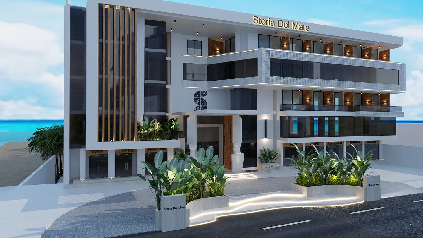 storia-del-mare developer visualisation 8 storia-del-mare — developer visualisation — Modern multi-story building named Storia Del Mare with glass balconies, exterior greenery, and a view of the ocean in the background.