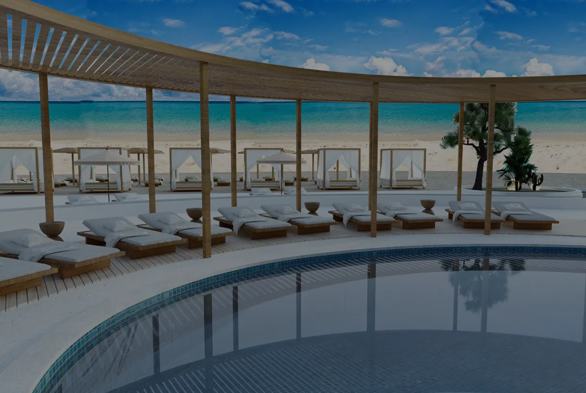 storia-del-mare — developer visualisation — Curved poolside lounge area with white cushioned sunbeds under wooden pergola and beach cabanas with ocean view.
