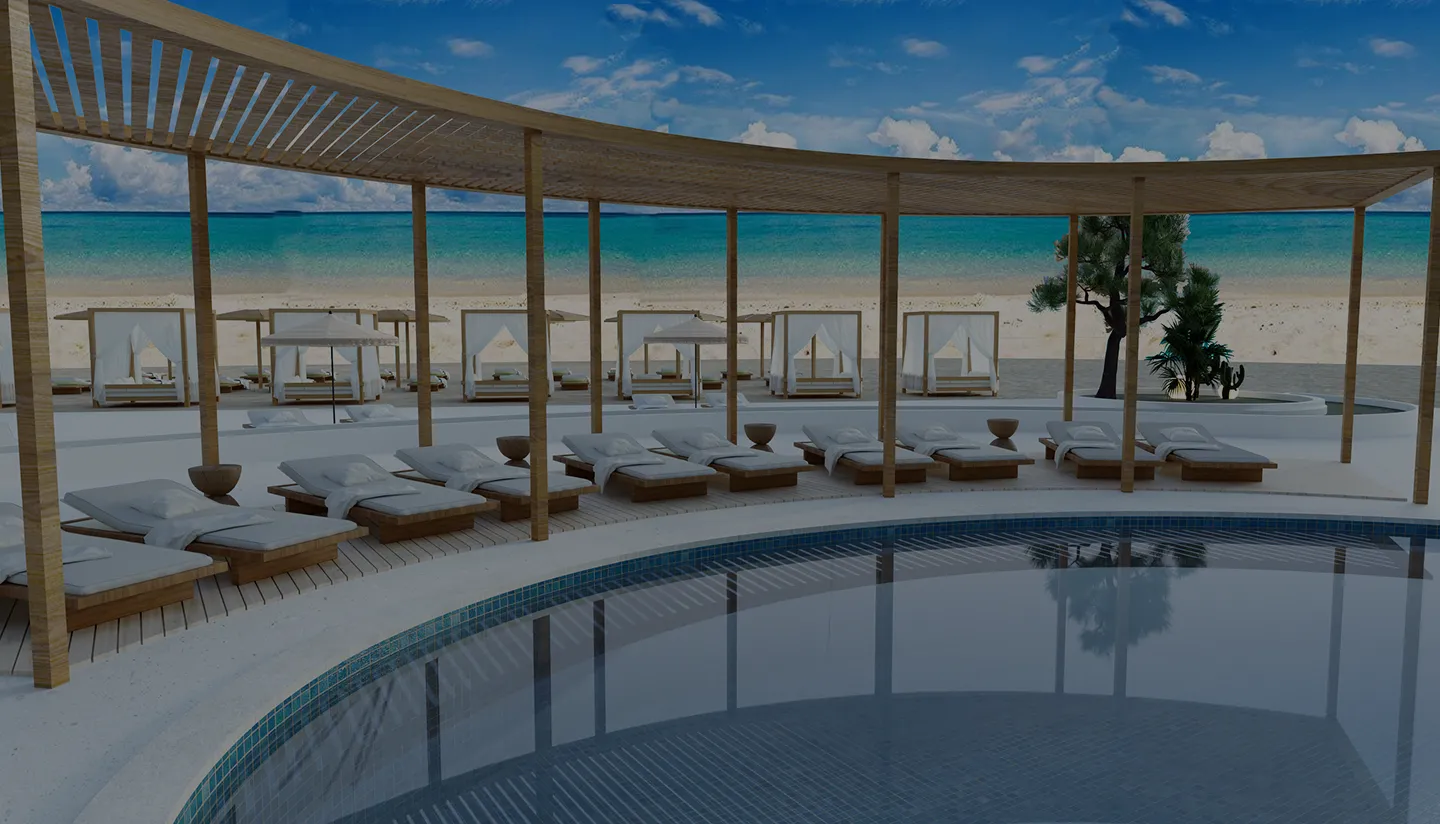 storia-del-mare developer visualisation 9 storia-del-mare — developer visualisation — Curved poolside lounge area with white cushioned sunbeds under wooden pergola and beach cabanas with ocean view.